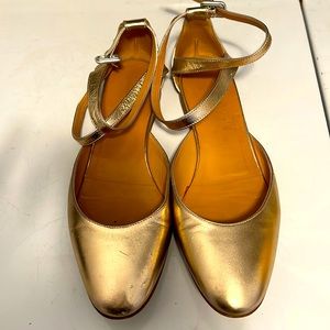 Authentic Hermes Gold metallic flats with ankle straps